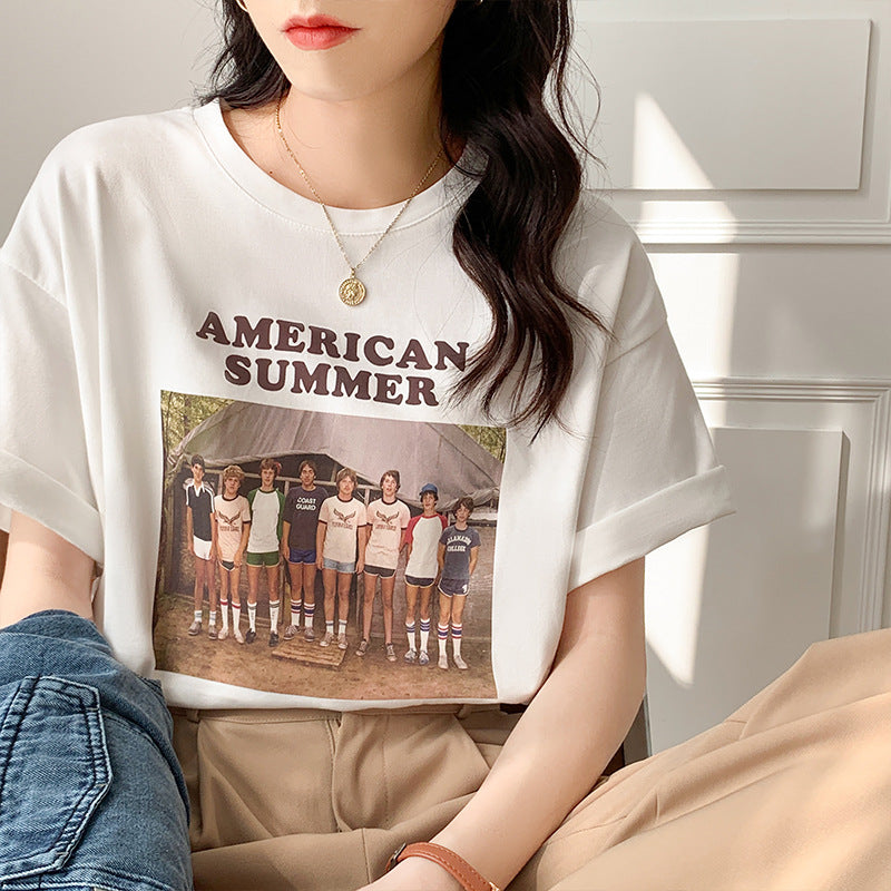 American Summer T-shirt, , women clothing, vintage-print-crew-neck-oversized-loose-half-sleeve-tshirt, L, M, S, white, XL, fairypeony