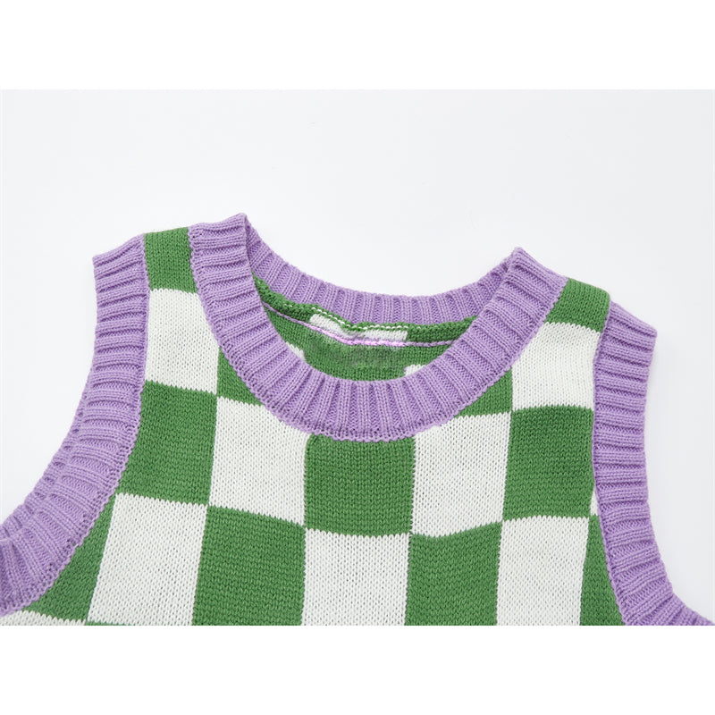 Green & Lavender Checkerboard Vest, , women clothing, green-lavender-checkerboard-vest, Checkerboard, greeen, Lavender, top, vest, fairypeony