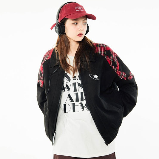 Embroidered Stars Plaid Varsity Jacket - fairypeony