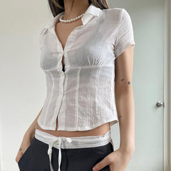 White Cropped Short Sleeve Blouse - fairypeony