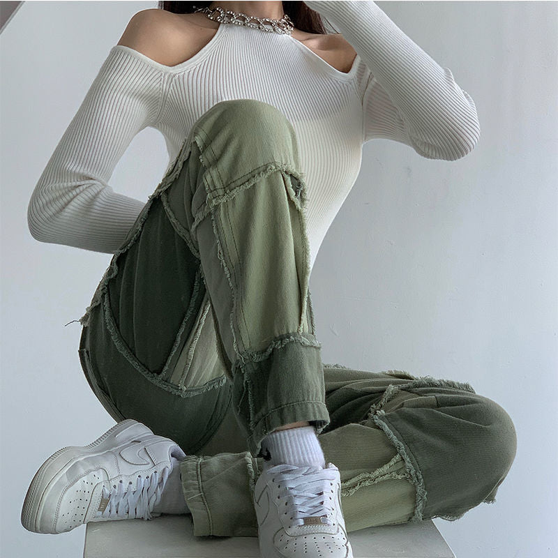 Stitching Contrast Color High Waist Straight Pants, , women clothing, stitching-contrast-color-high-waist-straight-pants, , fairypeony