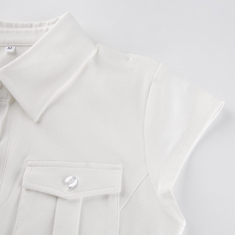 Pocket Button Down Cropped Blouse - fairypeony