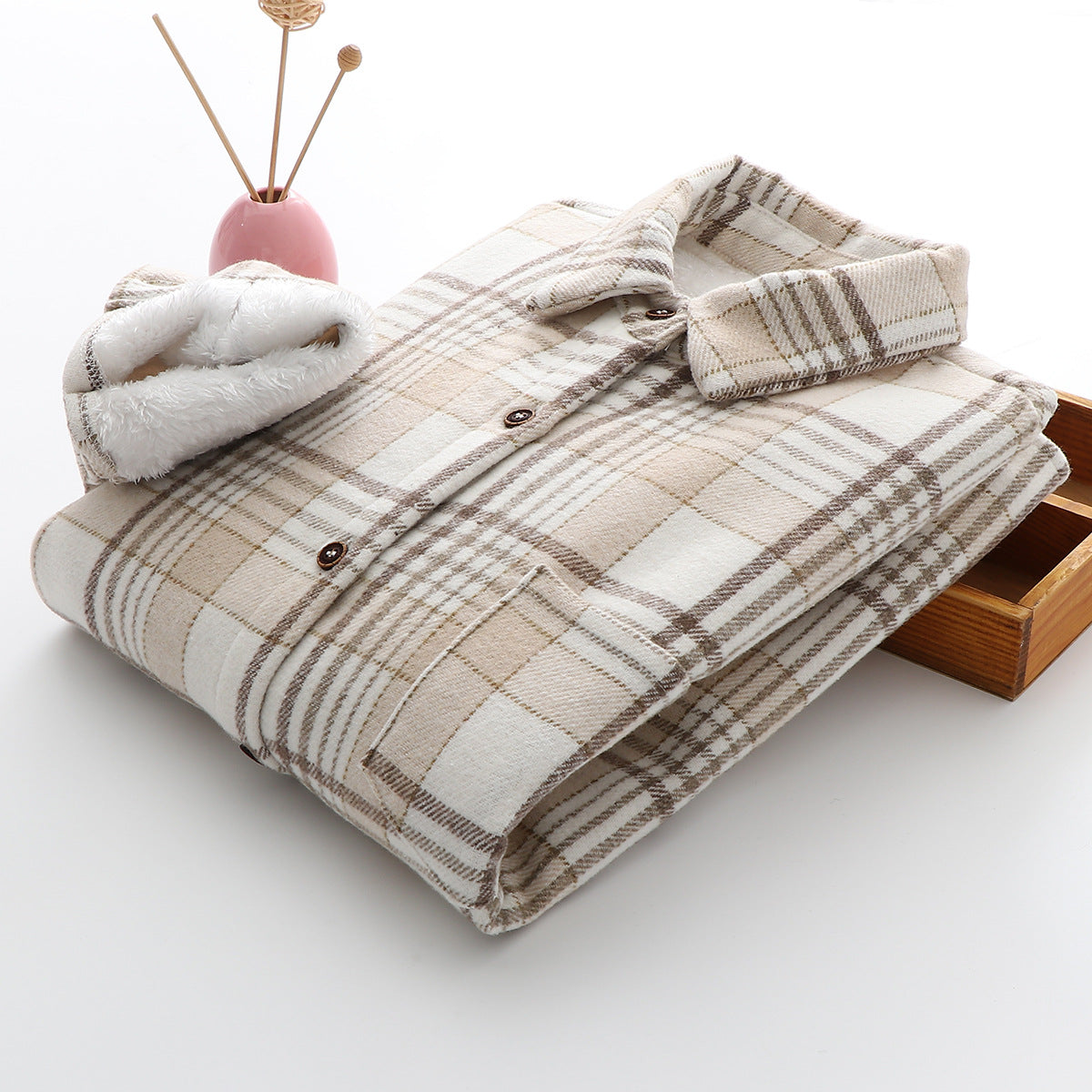 Warm Woolen Coat With Thick Plaid Shirt, , women clothing, warm-woolen-coat-with-thick-plaid-shirt, , fairypeony