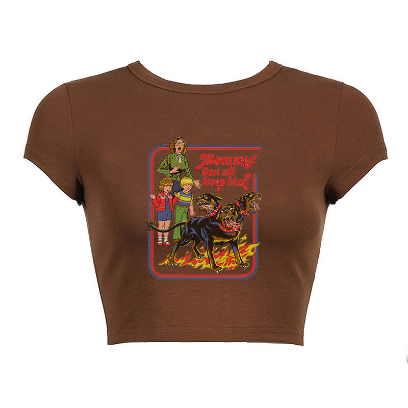 Round Neck Short Print Shirt, , women clothing, round-neck-short-print-shirt, brown, L, M, S, fairypeony