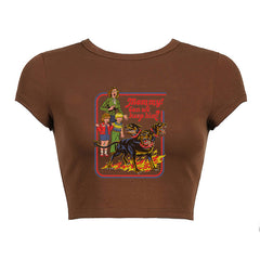 Round Neck Short Print Shirt, , women clothing, round-neck-short-print-shirt, brown, L, M, S, fairypeony