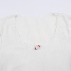 Lace Trim White Ribbed Knit Top - fairypeony
