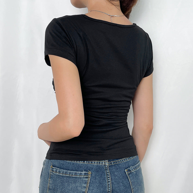 Criss Cross Ruched V Neck Tee - fairypeony