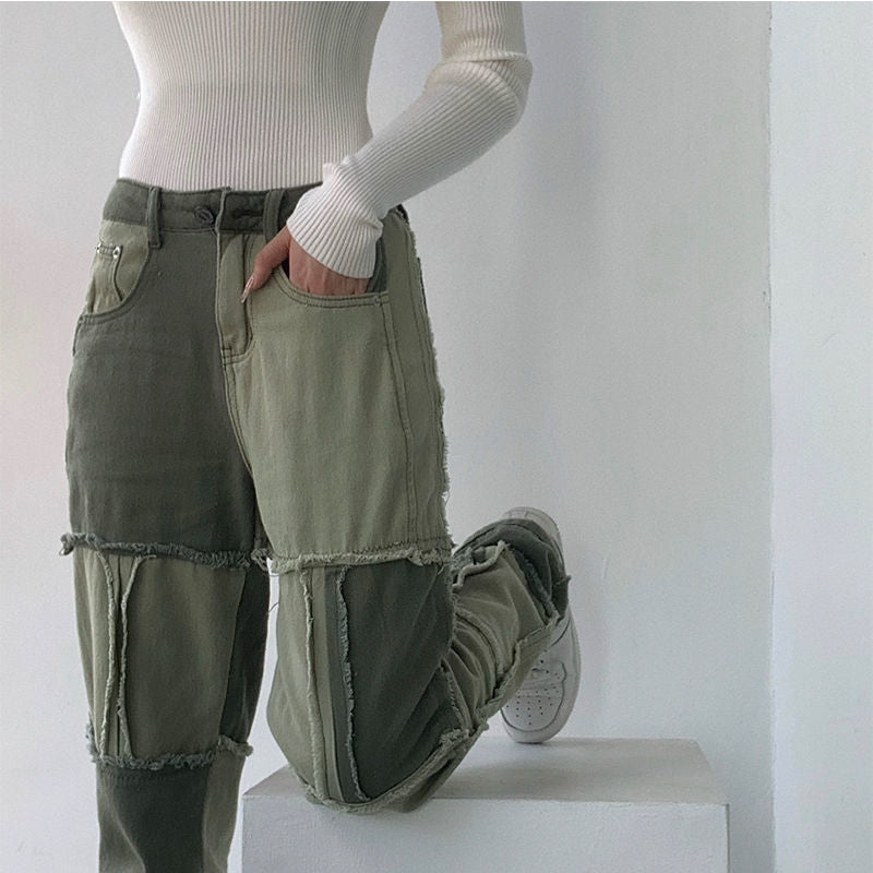 Stitching Contrast Color High Waist Straight Pants, , women clothing, stitching-contrast-color-high-waist-straight-pants, , fairypeony