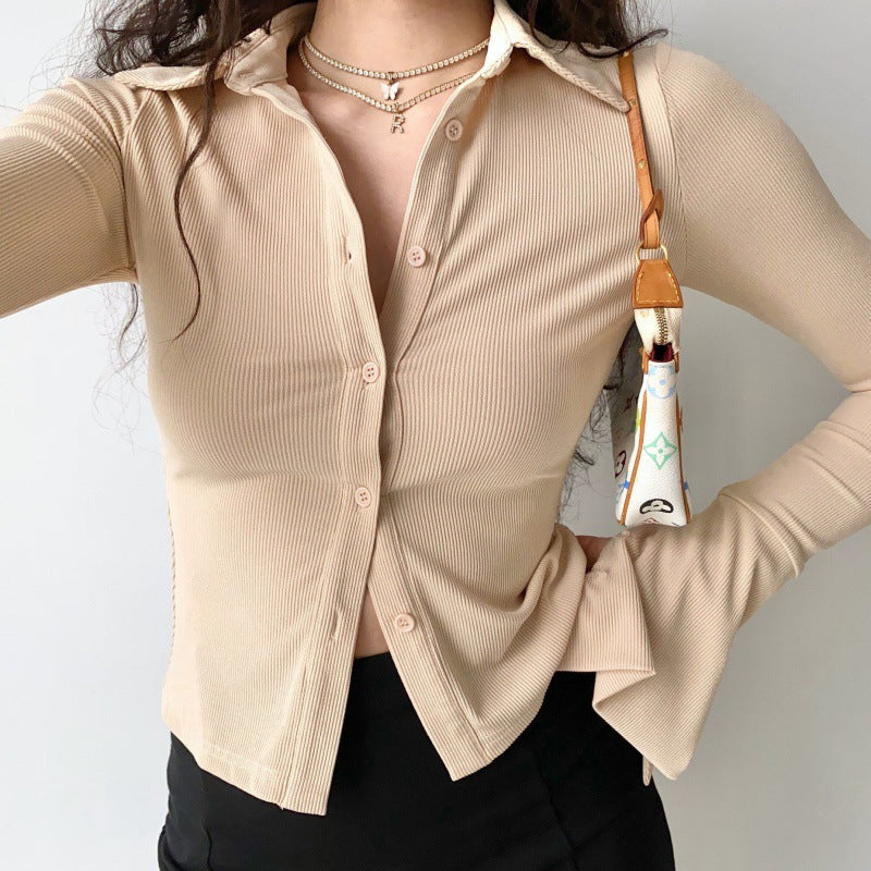 Polo Neck Long Sleeve Rib Blouse - fairypeony