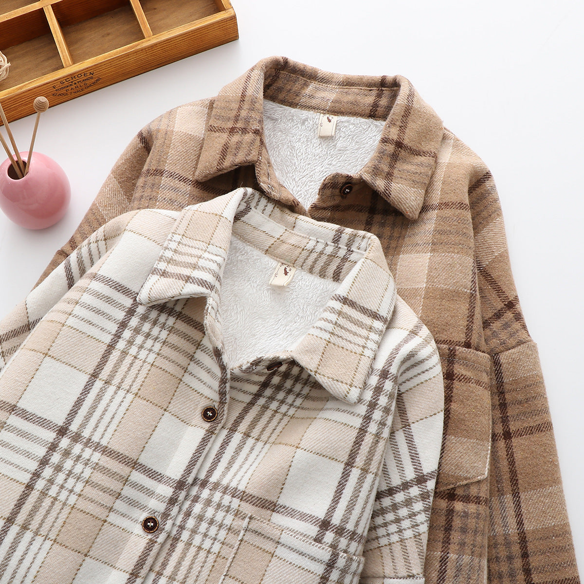 Warm Woolen Coat With Thick Plaid Shirt, , women clothing, warm-woolen-coat-with-thick-plaid-shirt, , fairypeony
