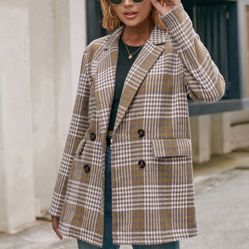 Double-breasted Checkered Casual Blazer, , women clothing, double-breasted-checkered-casual-blazer, , fairypeony