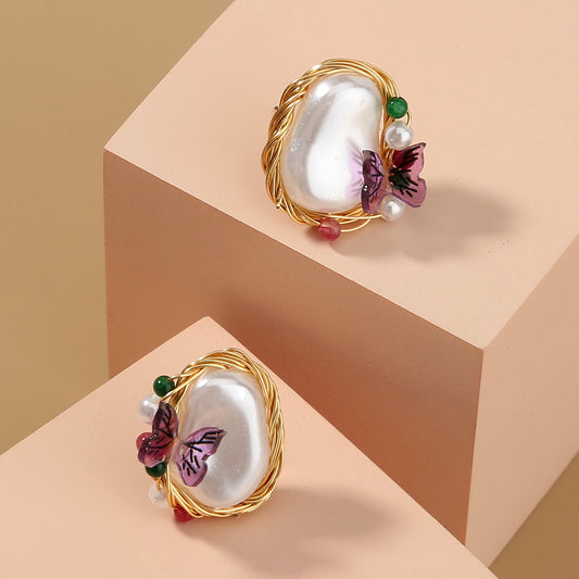 Pure Hand-made Copper Wire-wound Pearl Butterfly Earrings, , women clothing, pure-hand-made-copper-wire-wound-pearl-butterfly-earrings, , fairypeony