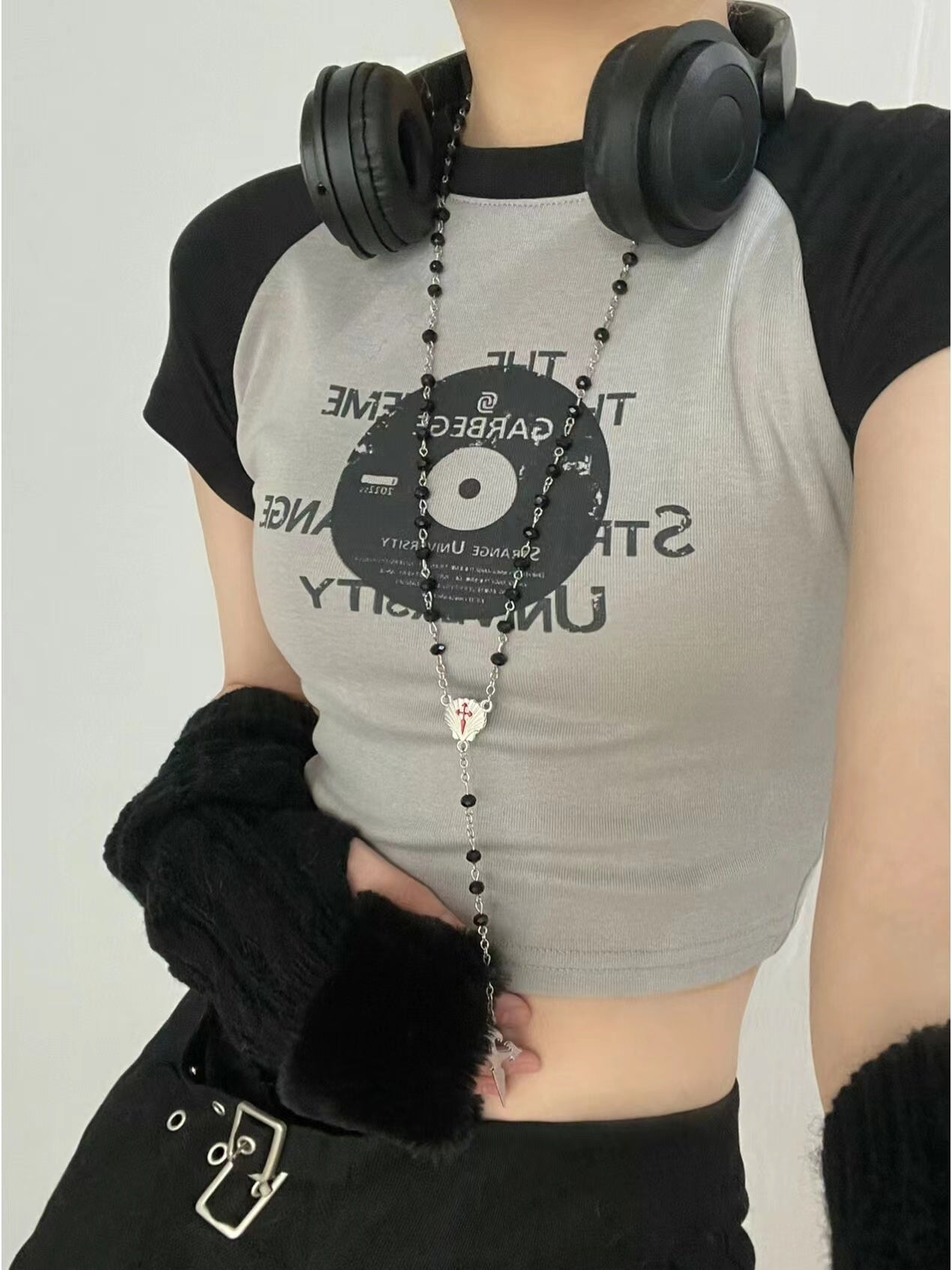 Raglan Sleeve Vinyl Print Crop Top - fairypeony