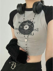 Raglan Sleeve Vinyl Print Crop Top - fairypeony