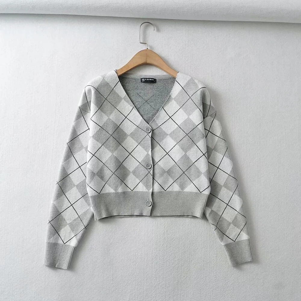 Plaid Preppy Argyle Cardigan, , women clothing, plaid-preppy-argyle-cardigan, grey, orange, fairypeony