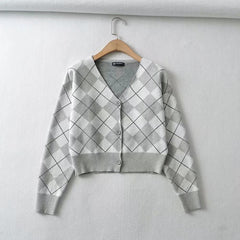 Plaid Preppy Argyle Cardigan, , women clothing, plaid-preppy-argyle-cardigan, grey, orange, fairypeony