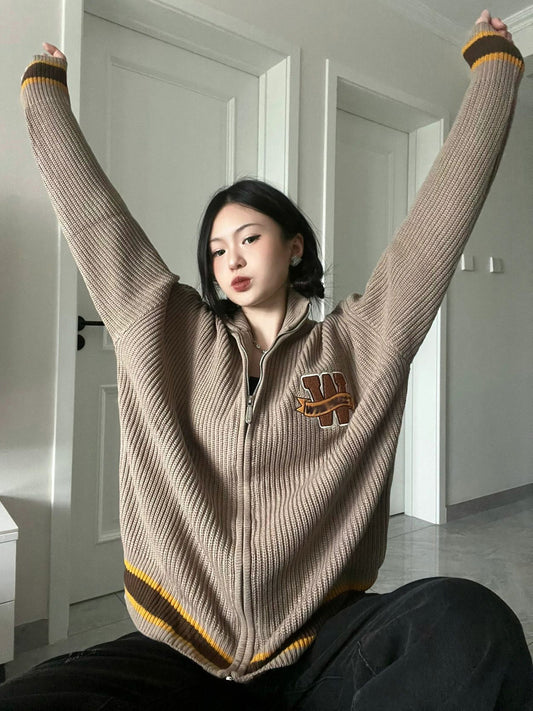 Logo Embroidery Zip Up Knit Cardigan, , women clothing, logo-embroidery-zip-up-knit-cardigan, , fairypeony