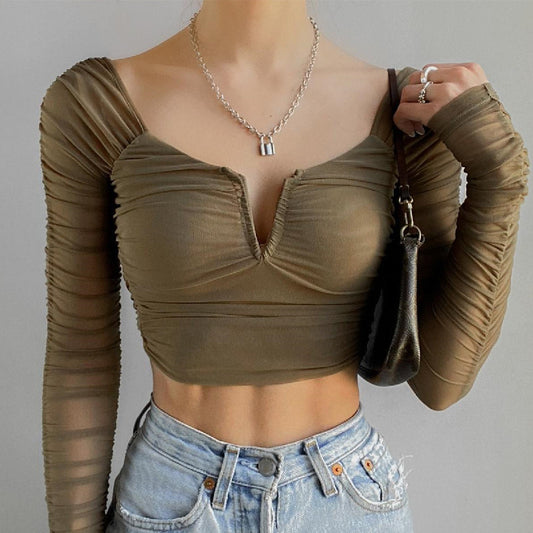 Ruched Mesh Long Sleeve Crop Top - fairypeony