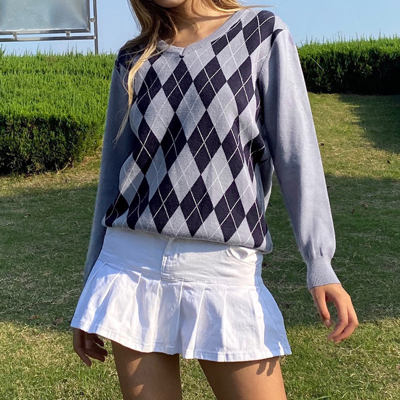 Preppy Style Argyle Sweater, , women clothing, preppy-style-argyle-sweater, , fairypeony