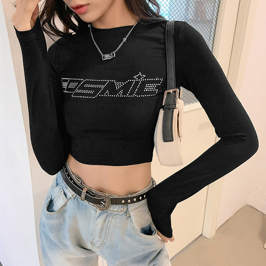Rhinestone Letter Long Sleeve Crop Top - fairypeony