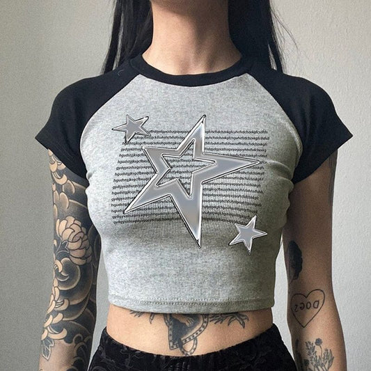 Star Graphic Raglan Sleeve Rib Crop Top - fairypeony