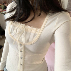 Lace Trim Patchwork Knit Top - fairypeony