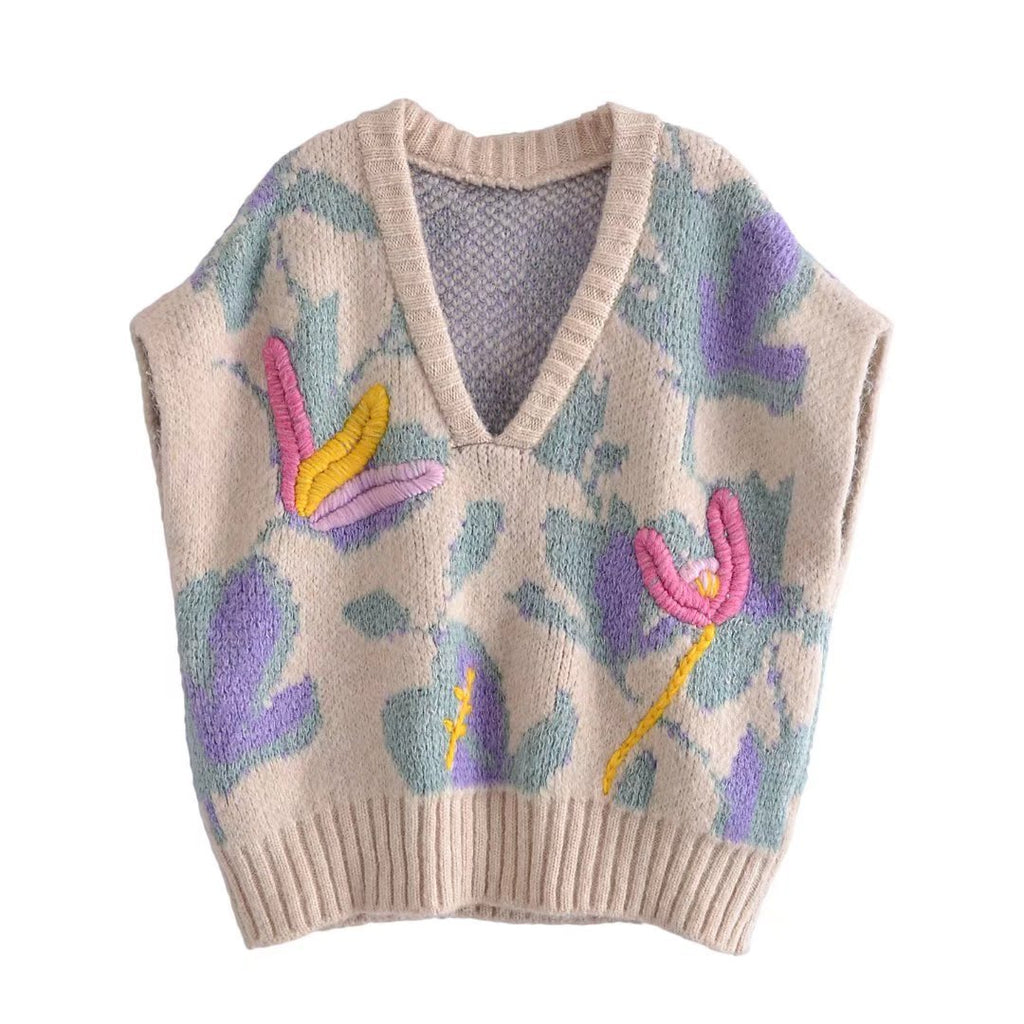 Embroidered Lavender Garden Sweater Vest, , women clothing, embroidered-lavender-garden-sweater-vest, beige, fairypeony
