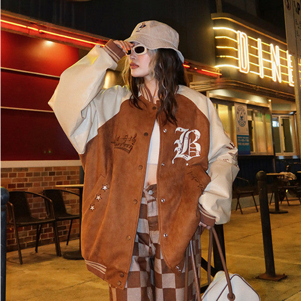 Embroidery Retro Baseball Jacket, , women clothing, embroidery-retro-baseball-jacket, brown, fairypeony