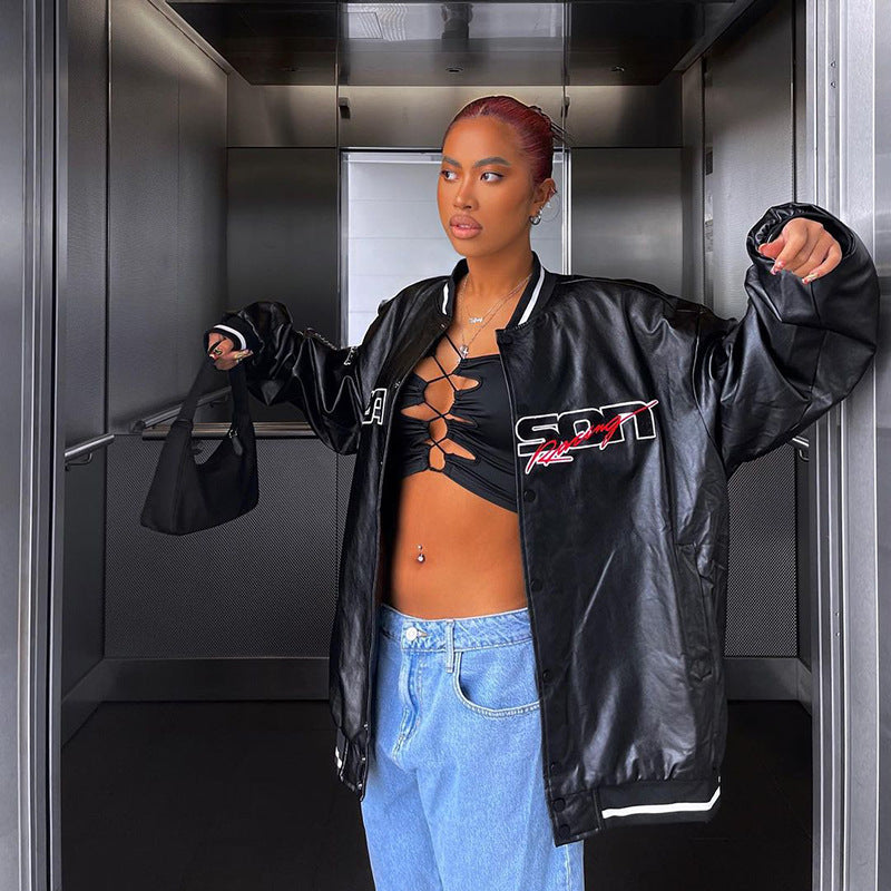 Street Embroidery Leather Jacket, , women clothing, street-embroidery-leather-jacket, black, fairypeony