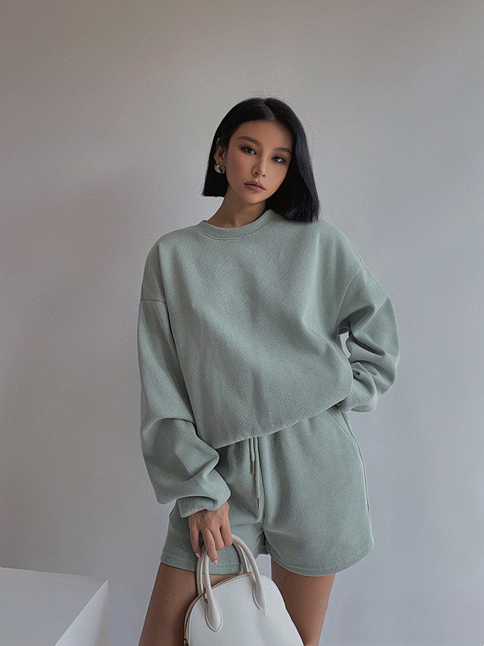 Drop Shoulder Halp Zip Sweatshirt & Drawstring Shorts Set, , women clothing, drop-shoulder-halp-zip-sweatshirt-drawstring-shorts-set, , fairypeony