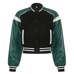 Pu Leather Paneled Cropped Varsity Jacket, fairy peony, women clothing, pu-leather-paneled-cropped-varsity-jacket, , fairypeony