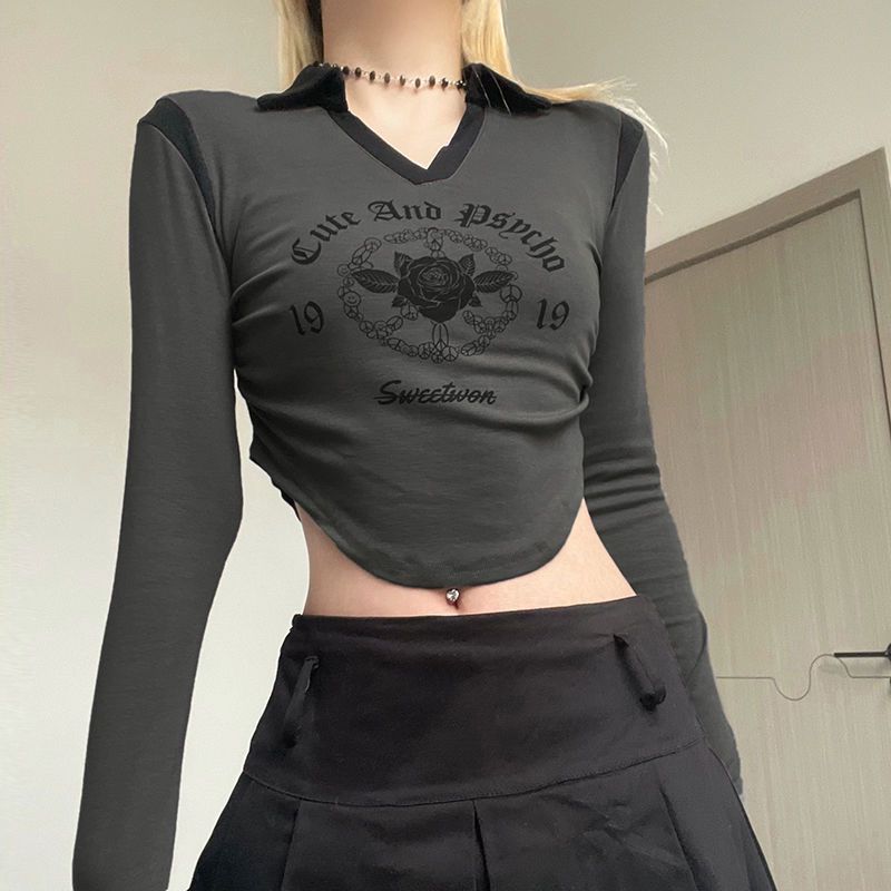 Vintage Floral Logo Long Sleeve Crop Top - fairypeony