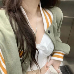 Color Block Vintage Embroidered Varsity Jacket - fairypeony