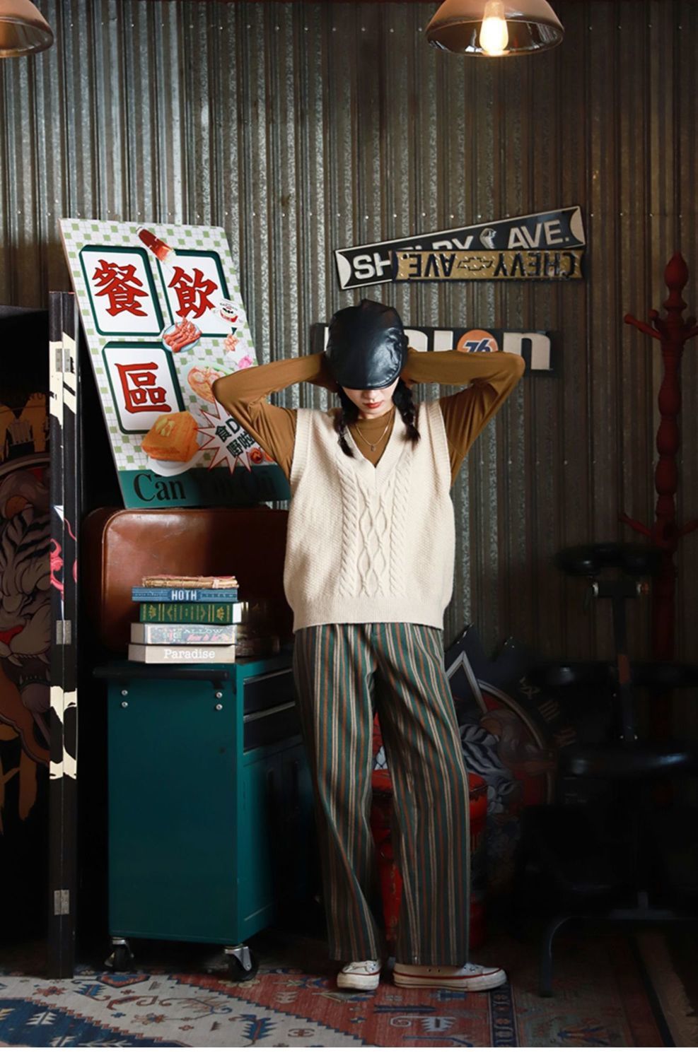 Vintage Stripe Trousers, , women clothing, fried-street-vintage-stripe-wide-leg-trousers-for-women, green, L, M, S, XL, XXL, fairypeony