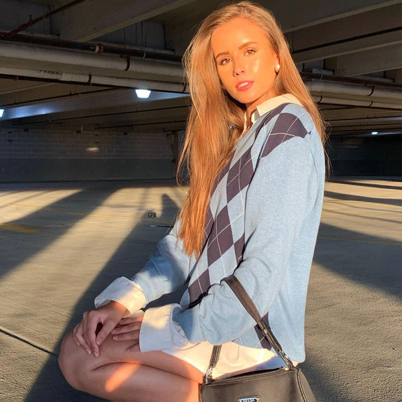 Preppy Style Argyle Sweater, , women clothing, preppy-style-argyle-sweater, , fairypeony