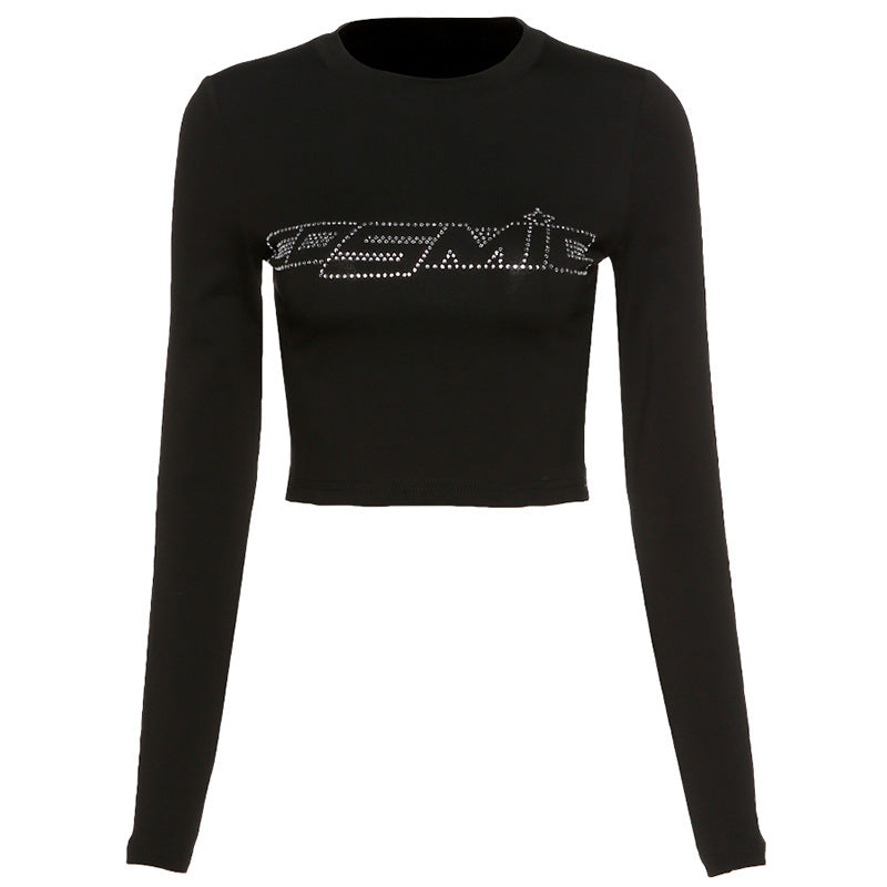 Rhinestone Letter Long Sleeve Crop Top - fairypeony