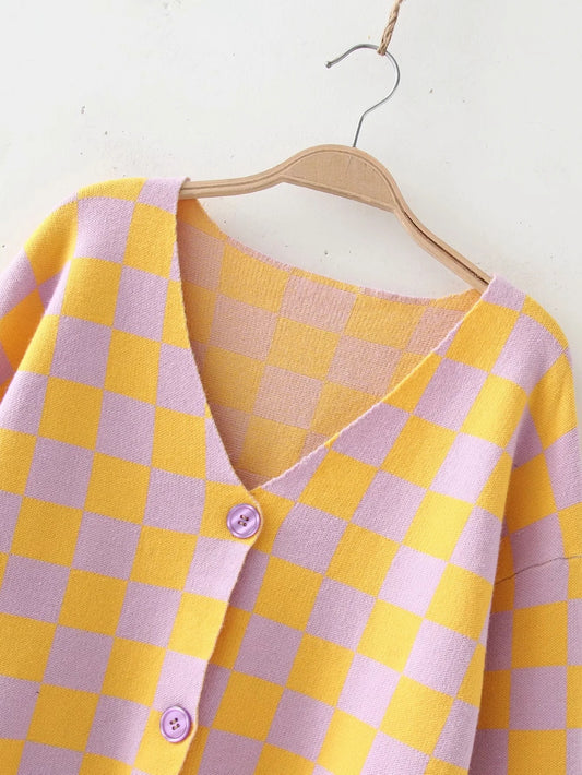 Yellow and Lavender Cardigan, , women clothing, yellow-checkerboard-pattern-v-neck-loose-sweater, L, M, S, yellow, fairypeony