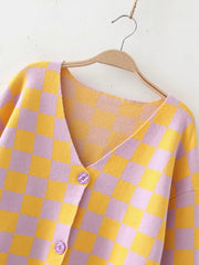 Yellow and Lavender Cardigan, , women clothing, yellow-checkerboard-pattern-v-neck-loose-sweater, L, M, S, yellow, fairypeony