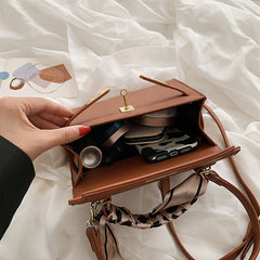 Leather Silk Scarf Handle Handbag, , women clothing, leather-silk-scarf-handle-handbag, , fairypeony