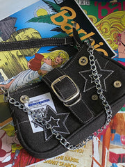 Chain Detail Star Buckled Denim Shoulder Bag - fairypeony