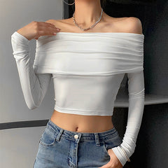 White Long Sleeve Off Shoulder Y2K Top - fairypeony