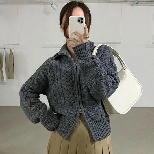 Aesthetic Cable Knit Zip Up Cardigan - fairypeony