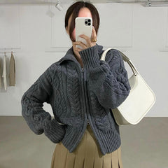 Aesthetic Cable Knit Zip Up Cardigan - fairypeony