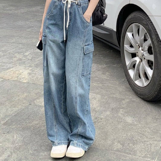 Tie Strap Blue Wash Straight Cargo Jeans - fairypeony