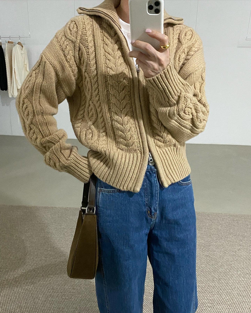 Aesthetic Cable Knit Zip Up Cardigan - fairypeony