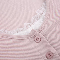 Lace Trim Knit Long Sleeve Button Crop Top - fairypeony
