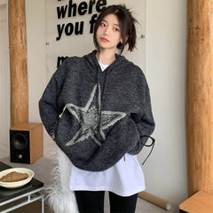 Star Jacquard Hooded Pullover Sweater - fairypeony