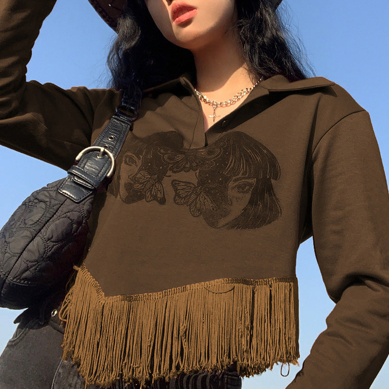 Fringe Detail Printed Crop Sweatshirt, , women clothing, fringe-detail-printed-crop-sweatshirt, khaki, fairypeony
