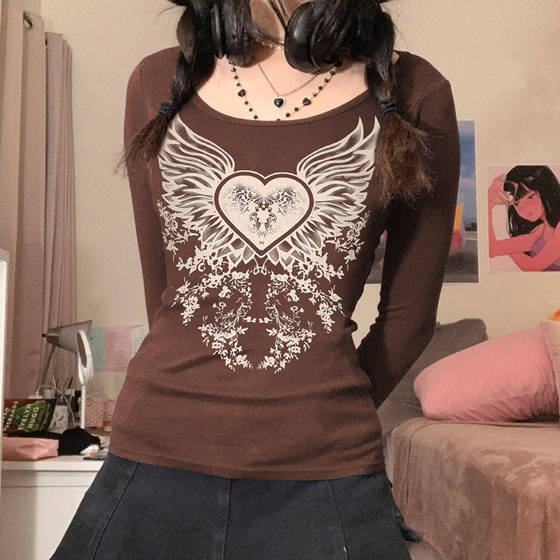 Grunge Heart Wings Print Shirt, , women clothing, grunge-heart-wings-print-shirt, brown, fairypeony