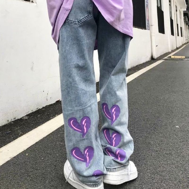 Heart Print Boyfriend Jeans, , women clothing, heart-print-boyfriend-jeans, orange, purple, fairypeony